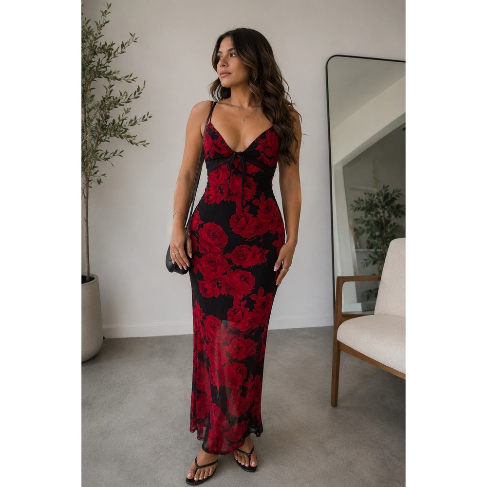 Vibe Sportswear Black Red Rose Mesh Maxi Dress Medium Y2K Goth Fairy Grunge